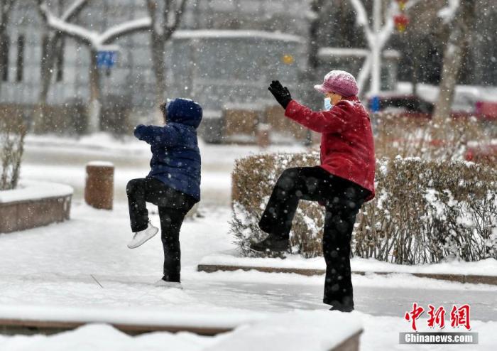 资料图：两位老人在雪中练习太极拳。<a target='_blank' href='/' >中新网</a>记者 刘新 摄